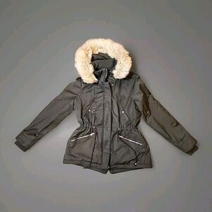 Zara Trafaluc Outerwear Women's Hooded L Jacket Coat Faux Fur Trim Leather Coat